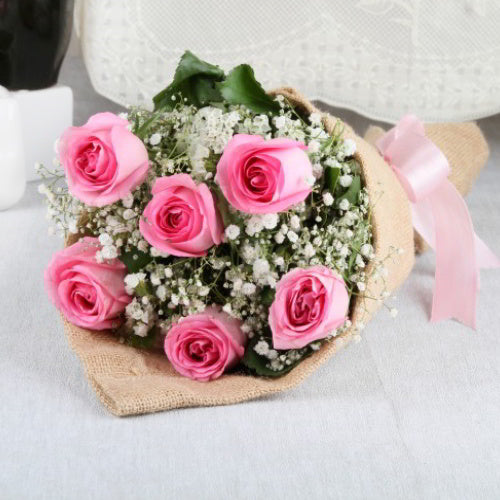 Lovely Pink Roses in Jute Wrapping