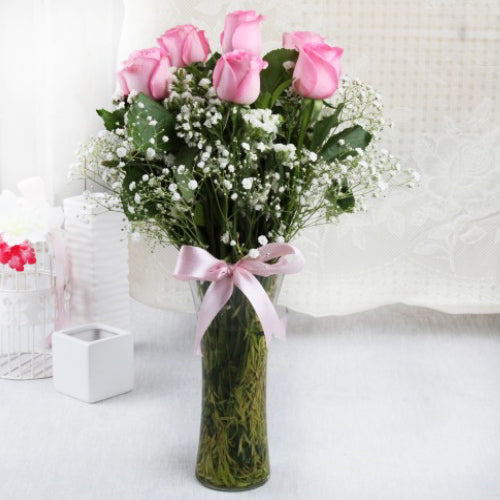 Six Pink Roses in a Glass Vase