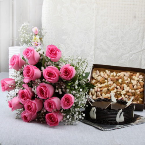 Hamper of Fifteen Pink Roses and chocolate cake and Dry fruit