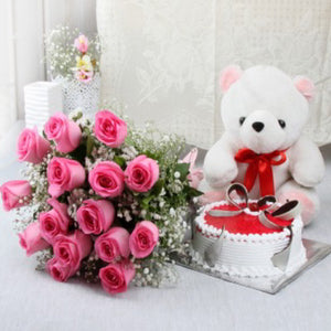 Fifteen Pink Roses and Teddy Bear with Strawberry Cake