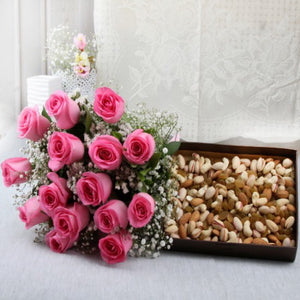 Pink Roses with Dry Fruit hamper