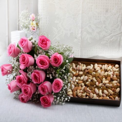 Pink Roses with Dry Fruit hamper