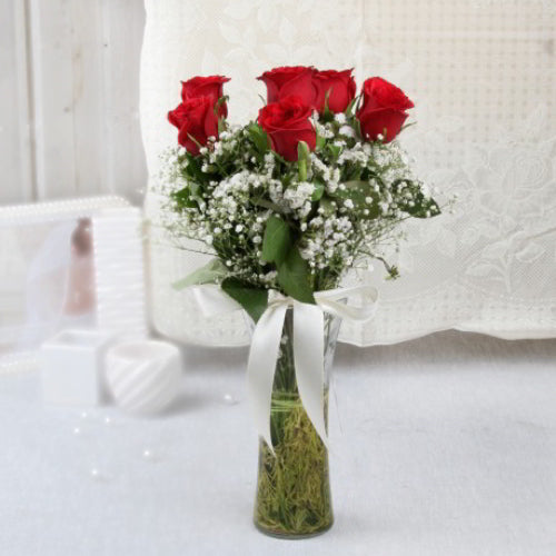 Six Red Roses in Glass Vase