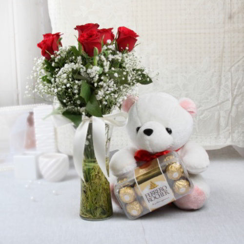 Ravishing Red Roses and Teddy Bear with Ferrero Rocher