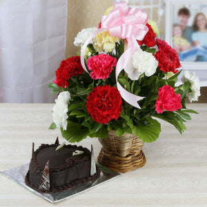 Mixed Carnations Basket and Chocolate Truffle Cake Combo