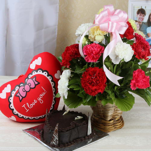 Cushion Cake and Carnations Basket Combo