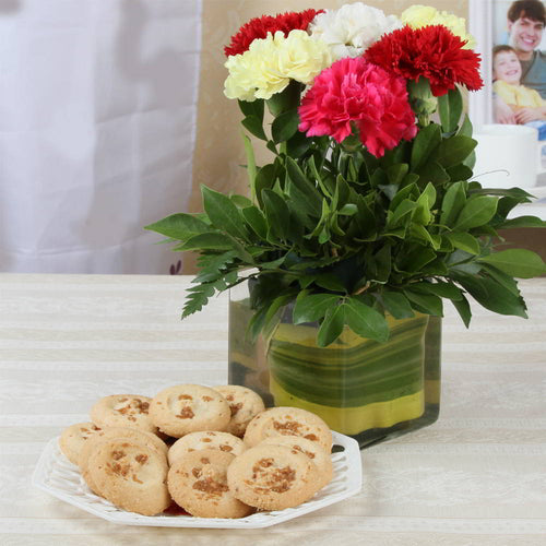 Glass Vase of Carnations and Cookies Combo