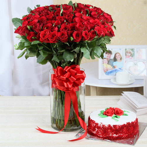 Red Roses With Red Velvet Cake