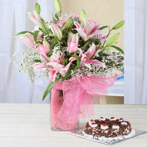 Black Forest Cake with Cheerful Lilies and Roses Arrangement