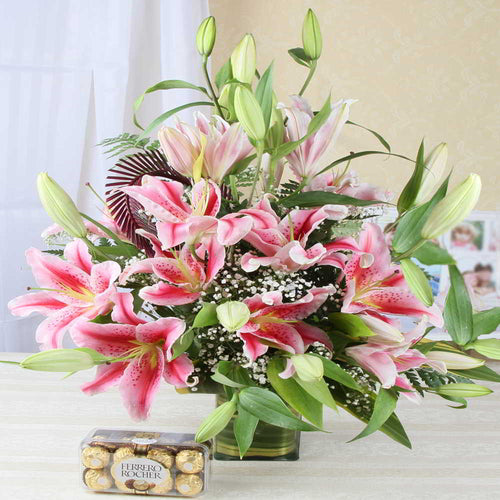 Ferrero Rocher Chocolate with Pink Lilies Arrangement