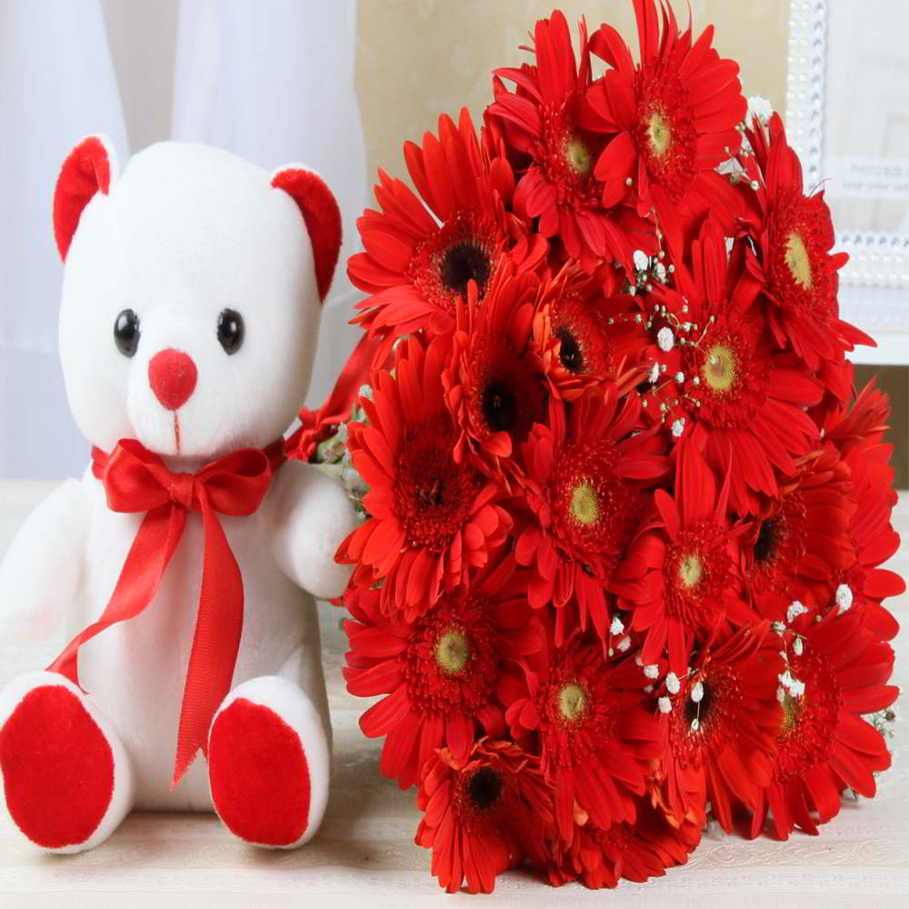 Cute Teddy Bear with Red Gerberas Bouquet