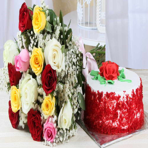 Lovely Multi Roses with Red Velvet Cake