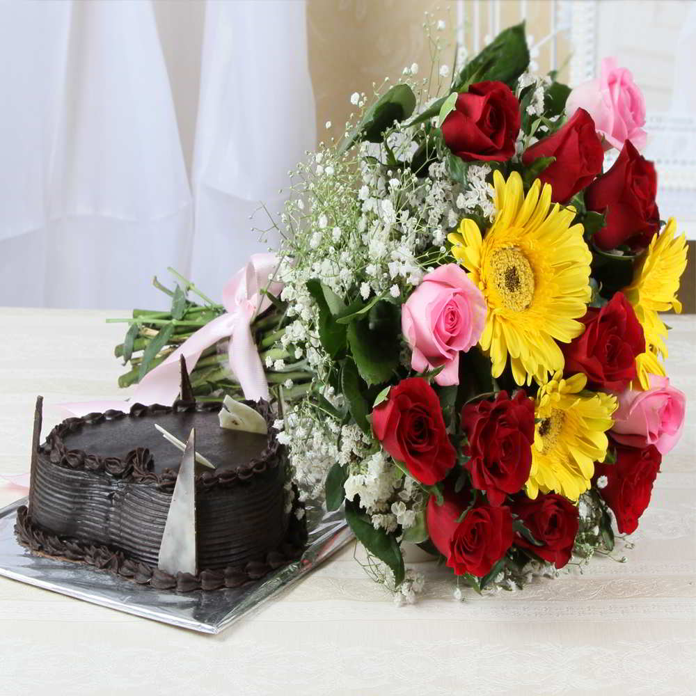 Heart Shape Chocolate Cake with Mixed Flowers Bouquet