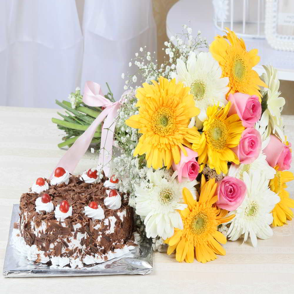 Black Forest Cake with Seasonal Flower Bouquet