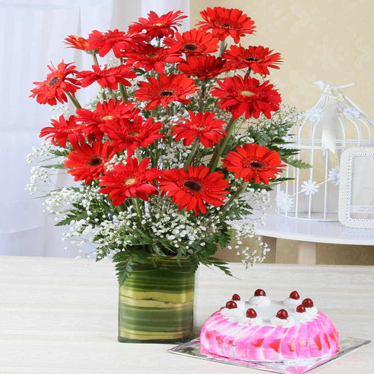 Strawberry Cake with Red Gerberas Arrangement