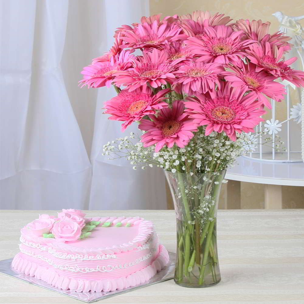Pink Gerberas Arrangement with Strawberry Cake