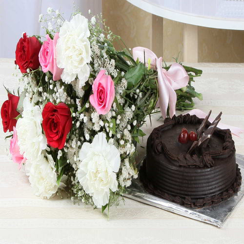 Chocolate Cake with Ten Seasonal Flower Bouquet