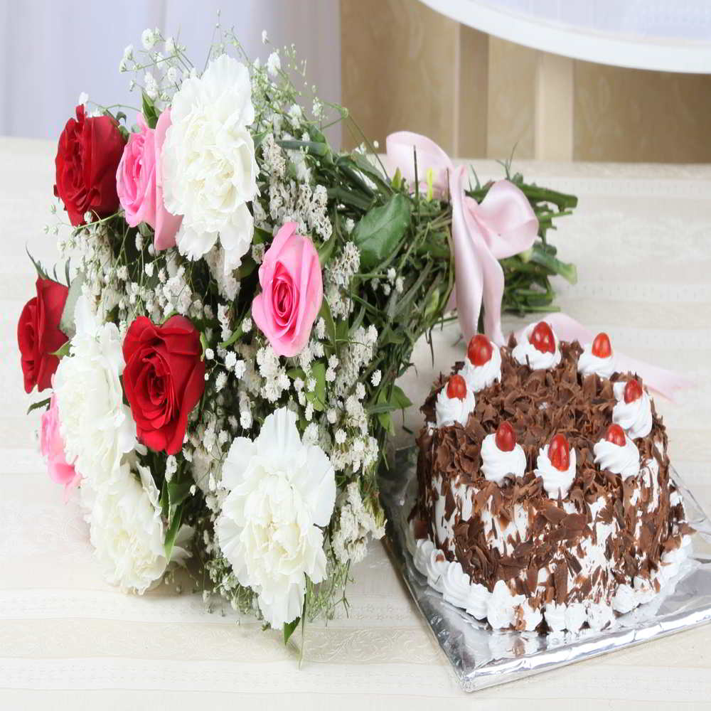 Black Forest Cake with Ten Seasonal Flower Bouquet