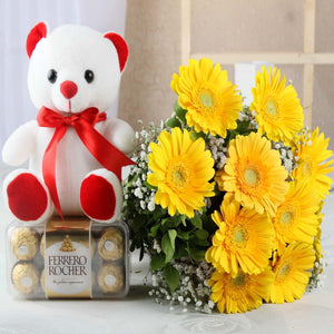 Yellow Gerberas Bunch with Ferrero Rochers and Teddy