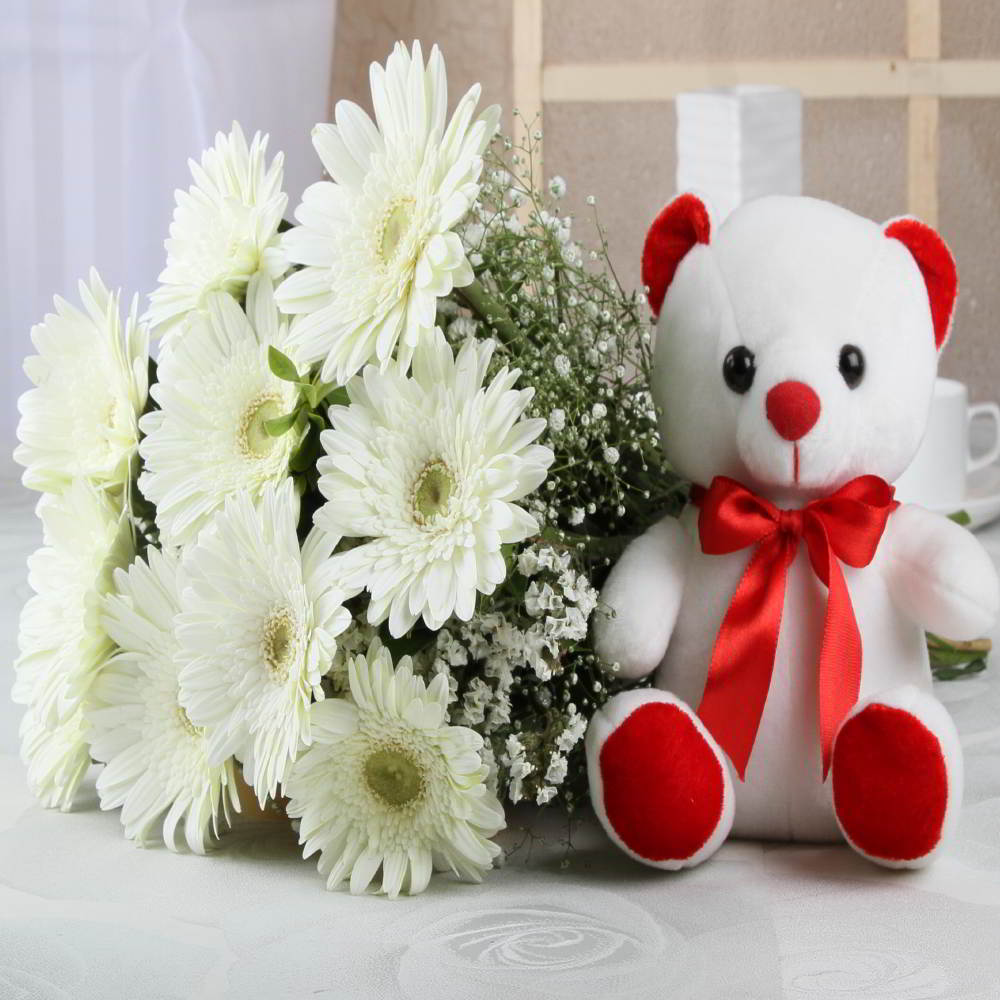 Bouquet of Ten Gerberas with Teddy Bear