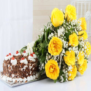 Bouquet of Yellow Roses with Black forest Cake