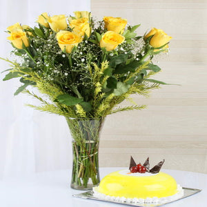Vase Arrangement of Yellow Roses with Pineapple Cake