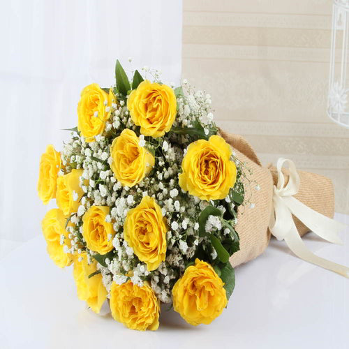 Jute Bouquet of Twelve Yellow Roses