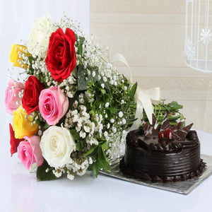 Bouquet of Mix Color Roses with Dark Chocolate Cake