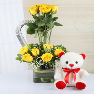 Arrangement of Yellow Roses in Vase with Cute Teddy