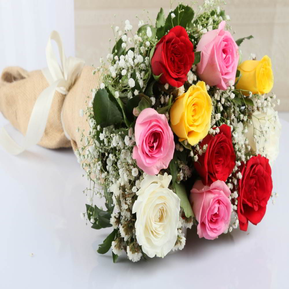 Jute Bouquet of Ten Mix Color Roses