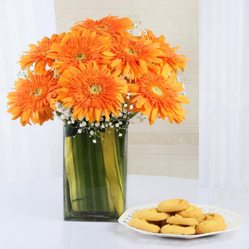 Arrangement of Orange Gerberas in Vase with Cookies Box