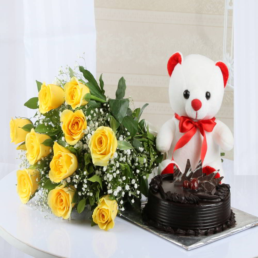 Ten Yellow Roses with Teddy bear and Chocolate cake
