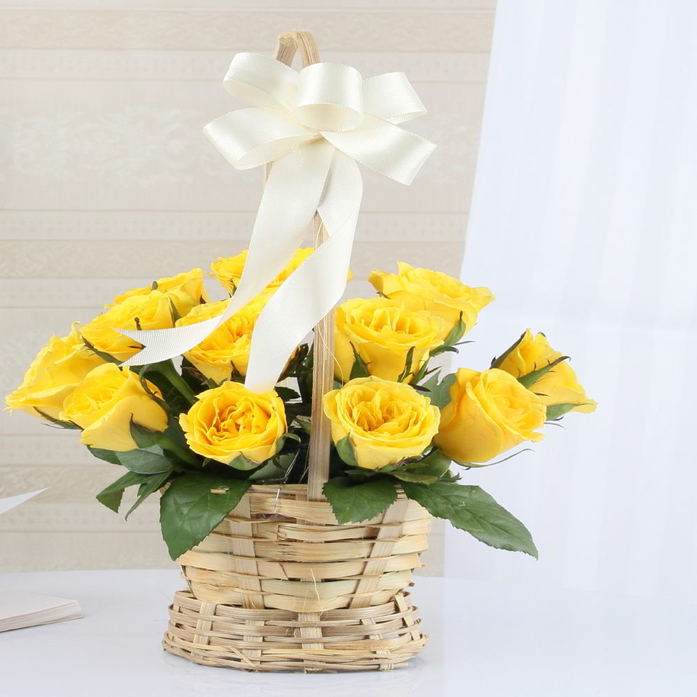 Delightful Yellow Roses Arranged in a Basket