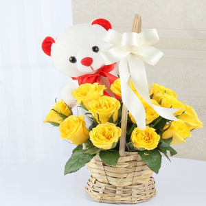 Lovely Yellow Roses in a Besket with Teddy Bear