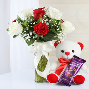 Arrangement of Rose in a Vase with Teddy Bear and Chocolate