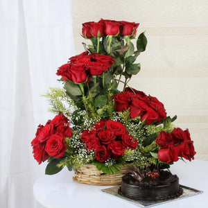 Arrangement of Roses in a Basket with Chocolate Cake