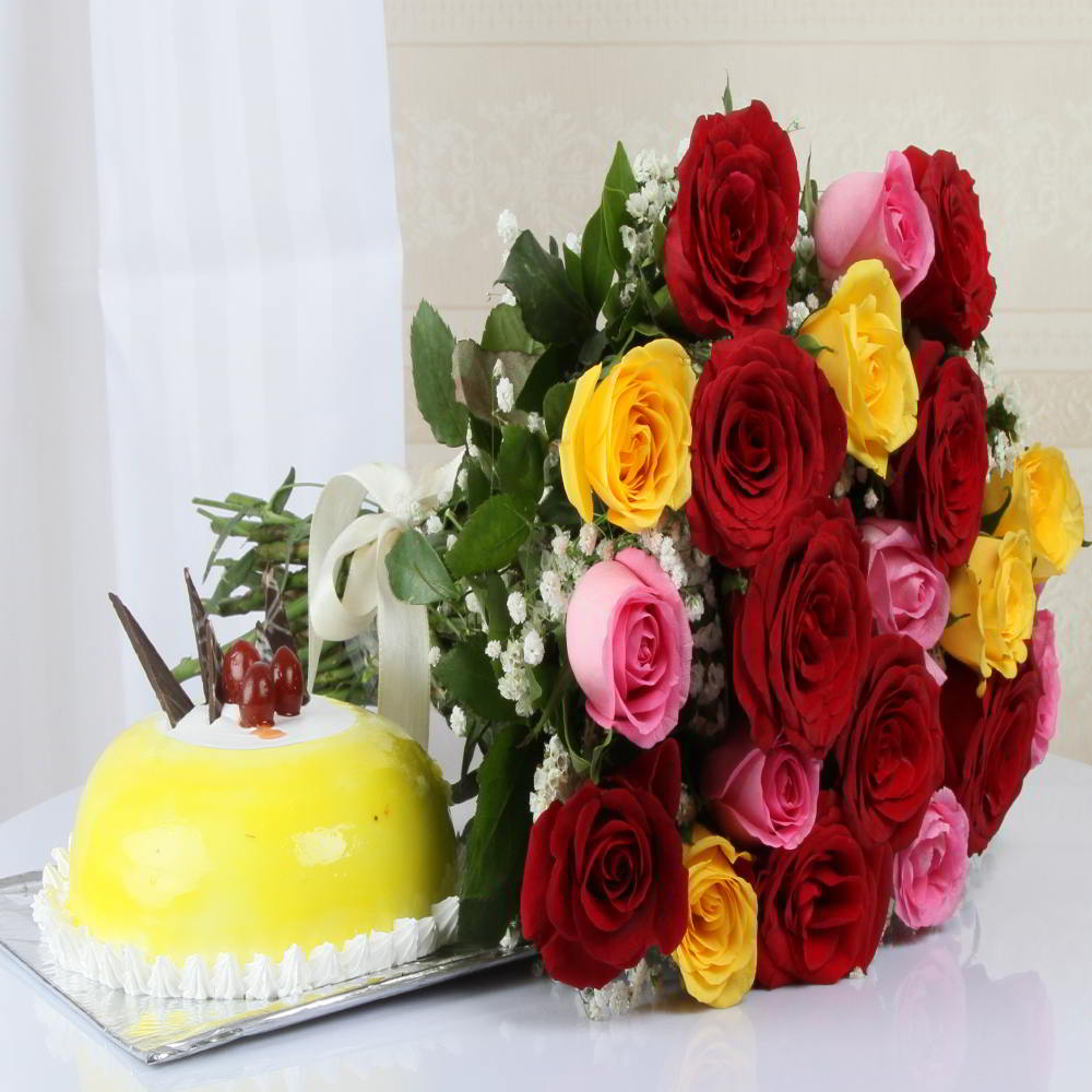 Combo of Assorted Roses with Pineapple Cake