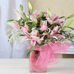 Adorable Pink Roses and Lilies Arrangement