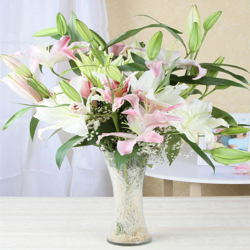 Vase of Pink and White Lilies