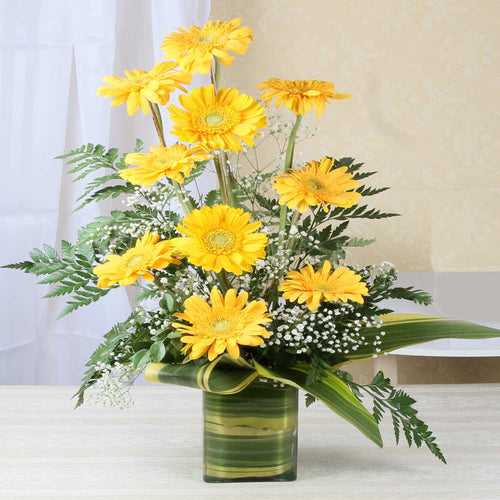 Ten Bright Yellow Gerberas in Glass Vase