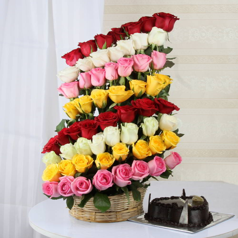 Chocolate Cake with Exotic Mix Roses Arrangement