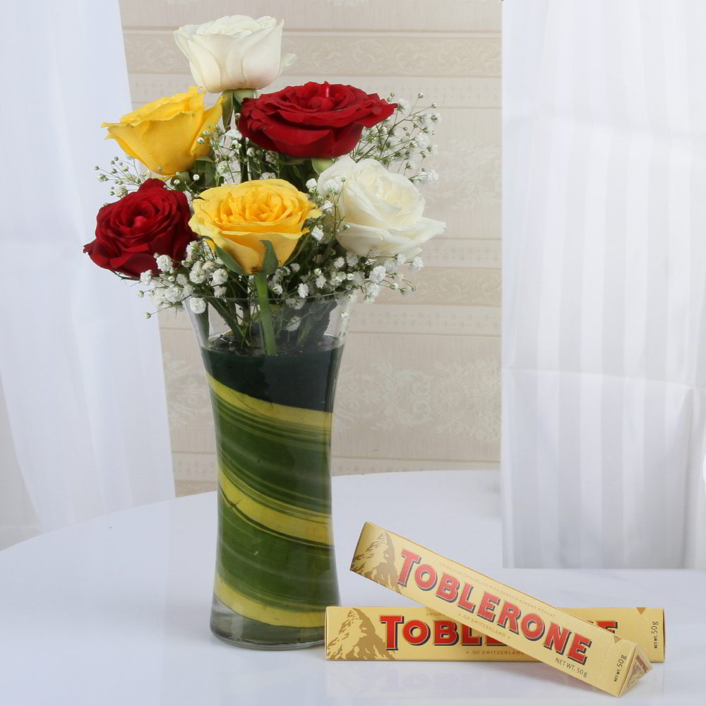 Toblerone Chocolate with Vase of Six Mix Roses