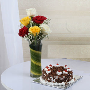 Black Forest Cake with Vase of Six Mix Roses