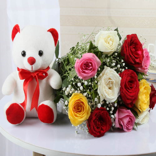 Teddy Bear with Mix Roses Bouquet