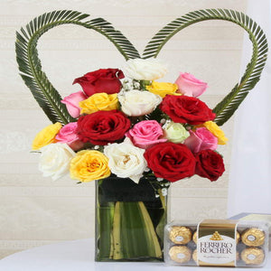 Ferrero Rocher Chocolate with Mix Roses Vase Arrangement