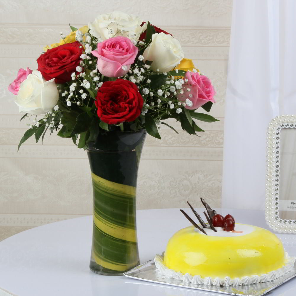 Pineapple Cake with Mix Roses in a Vase