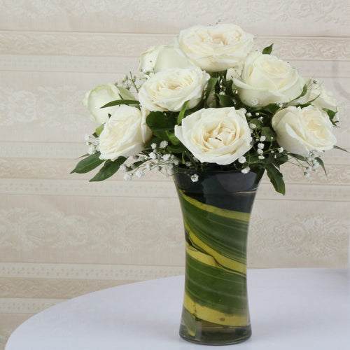 Ten White Roses in Vase