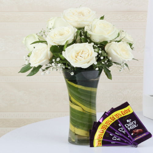 Cadbury Dairy Milk Chocolate with Vase of White Roses