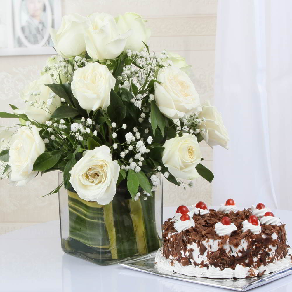 White Roses Arrangement with Black Forest Cake