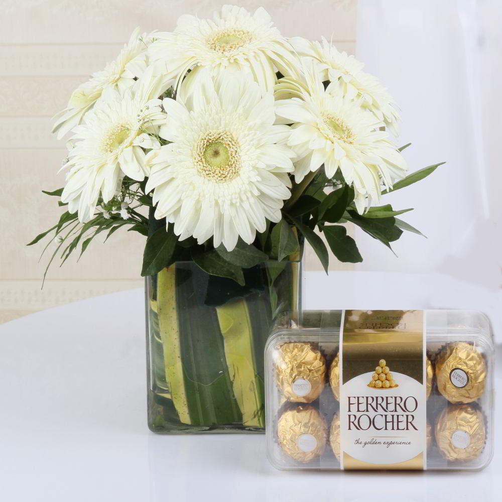 Ferrero Rocher Chocolate and Ten White Gerberas in a Vase